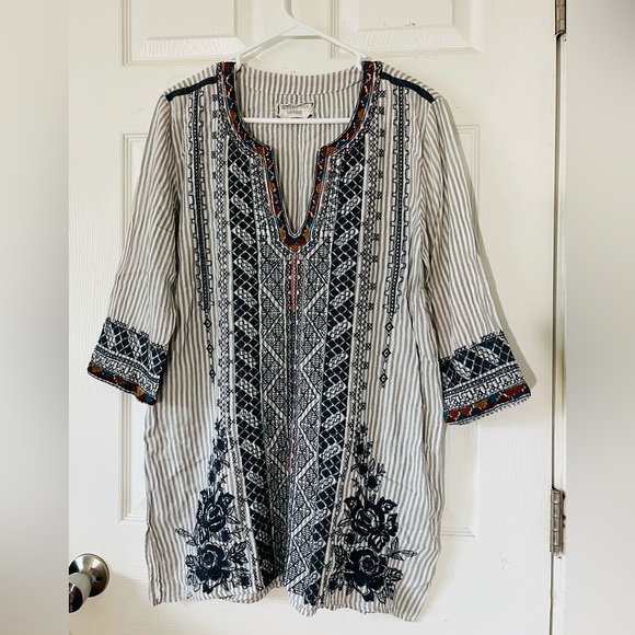 Johnny Was Tops - Johnny Was Striped Tunic with Navy & Rust Embroidery